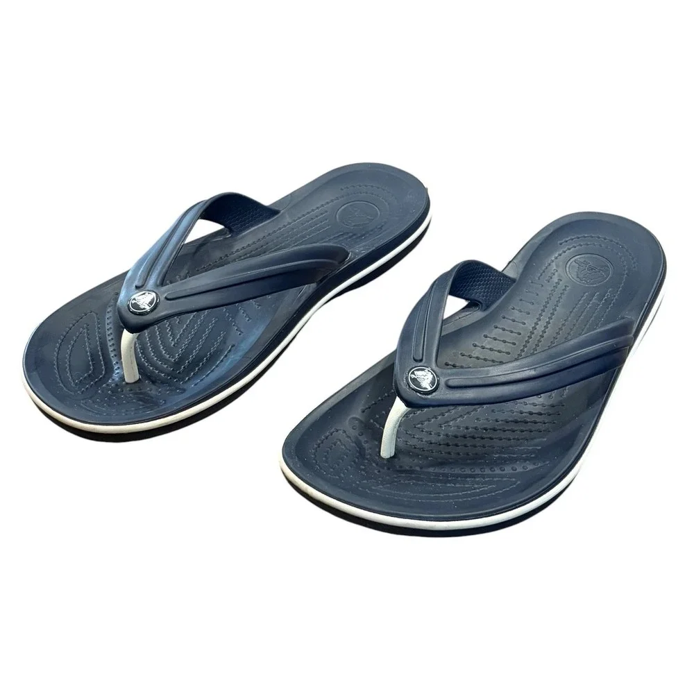 Crocs Crocband Flip Flops Mens 9 Womens 11 Navy Blue‎ White Sporty Sandals